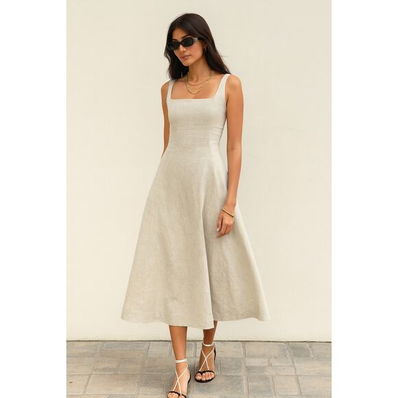 NWT Abercrombie & Fitch Linen Blend Square Neck Midi Dress Women’s Sz M - Picture 1 of 8